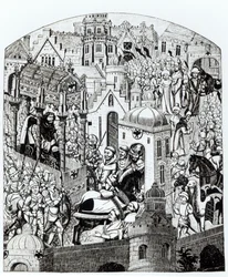 Facsímil de la coronación de Carlomagno en la ciudad de Jerusalén, de las «Chroniques de Charlemagne»